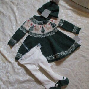 Tahari Baby Fair Isle Holiday Christmas Sweater Dress, Tights & Hat NEW